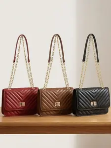Women's Synthetic Leather Crossbody Bag, Detachable Chain Strap, Twist Lock Design, Casual Style, Suitable for All Seasons, Quilted Crossbody Bags, Elegant Commuter Bag