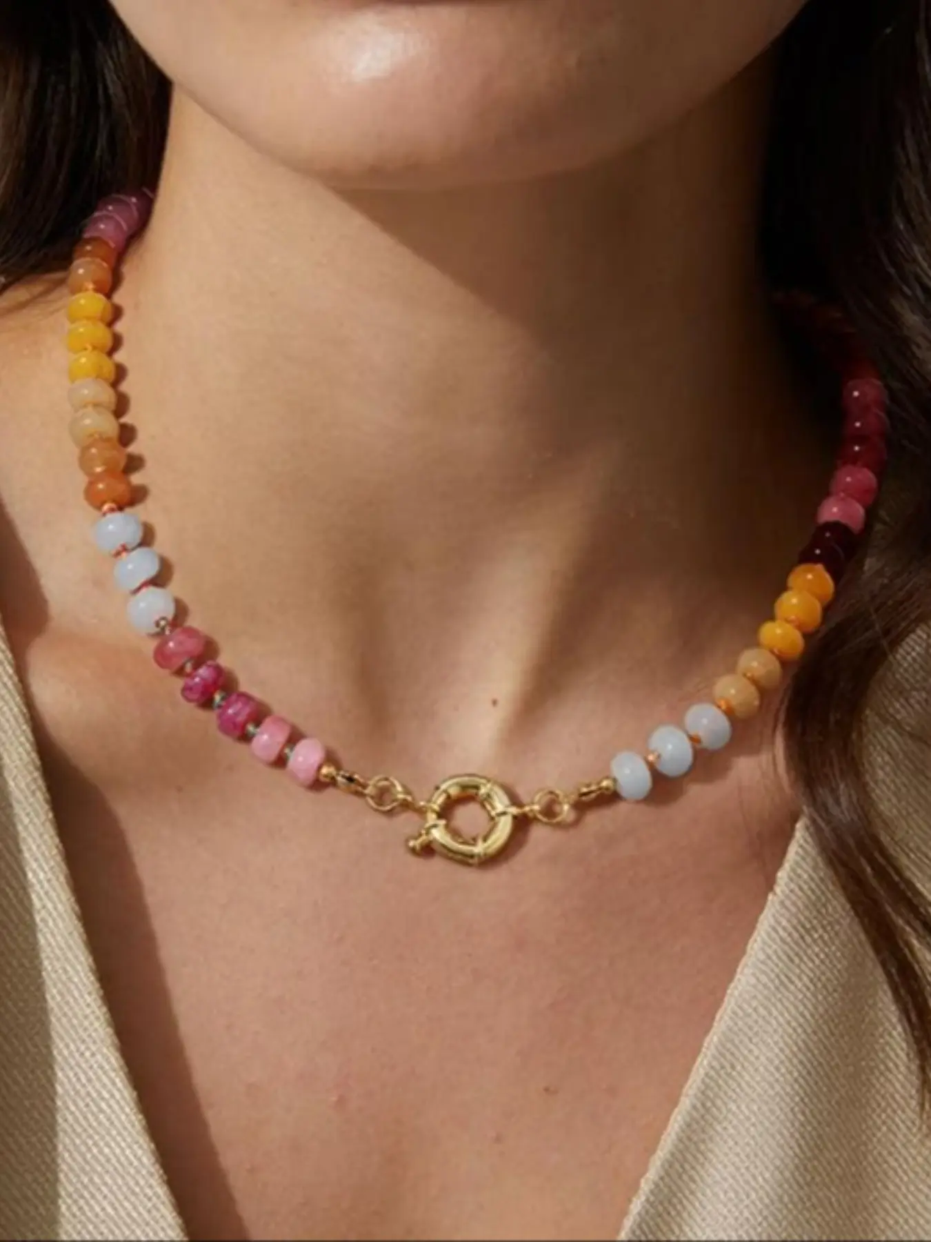 Women's Colorful Beaded Natural Gemstone Necklace, Bohemian Style Jewelry, Gold Plated Summer Handmade Accessory, High-Quality Fashion Gift, Boho Style Beaded, Trendy Jewelry, Decorative Beaded Necklaces, Fashion Jewelry Party