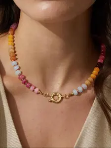 Women's Colorful Beaded Natural Gemstone Necklace, Bohemian Style Jewelry, Gold Plated Summer Handmade Accessory, High-Quality Fashion Gift, Boho Style Beaded