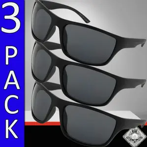 3-Pack Men's Sport Wrap Sunglasses All-Black OG Locs Style with Super Dark Lenses