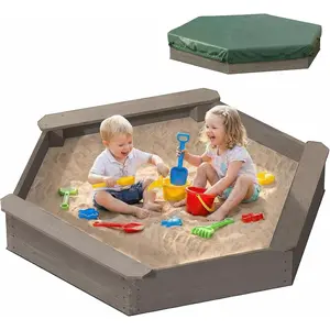 Hexagon Sandbox with Cover for Kids, Outdoor Sandpit with 3 Bench Seats & Bottom Liner, Sand Box for Toddlers Backyard Patio Play, Easy Assembly (Coffee)