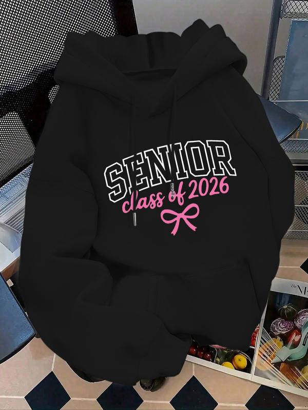 Women's Fashion Hoodie, Senior Class of 2026 Letter Print Pullover, Kangaroo Pocket, Casual Long Sleeve Sweatshirt for Fall & Winter
