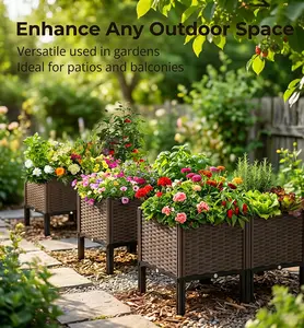 4ft× 1 ft × 1 ft high raised garden beds, indoor/outdoor plastic planter boxes with drainage holes, a drain plug, and a reservoir, suitable for vegetables, herbs, flowers, and succulents, brown