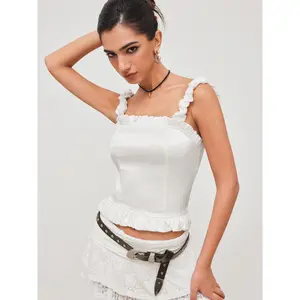 Cider Satin Lettuce Trim Ruched Crop Cami Top