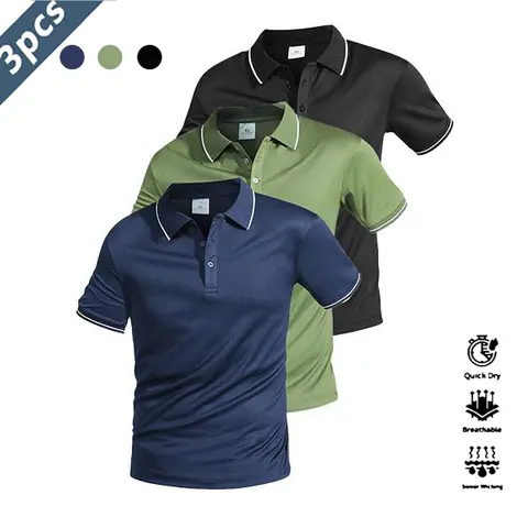 Men's 3-Piece Set Collared Casual Jersey Polo Shirts - Short-Sleeve Active Sportswear, Quick Dry Lightweight Athletic Sports Top, Contrast Collar & Cuff, Button-Closure Clothing for Golf/Tennis (Dry Clean Recommended)