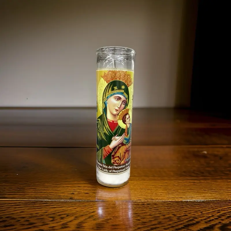 Our Lady of Perpetual Help Devotional Candle with Iconic Virgin Mary Image for Religious Prayer and Meditation