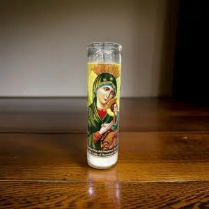 Our Lady of Perpetual Help Devotional Candle with Iconic Virgin Mary Image for Religious Prayer and Meditation