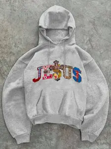 Youth & Adult Neutral Hoodie with Vibrant Jesus Print & Cross Pattern, Christian Street Style Pullover for Fall Winter Wear, USA-Made & Printed Apparel	