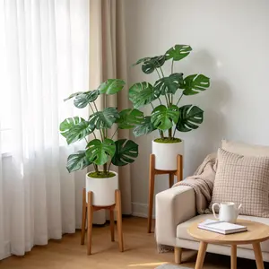 Set of 2 Faux Monstera Deliciosa Plants (30"), Lifelike Swiss Cheese Plant with White Planter Included for Boho Home Decor