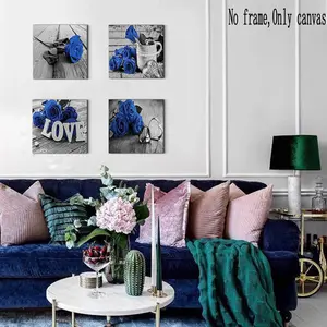 Blue Rose Bathroom Wall Decor Set, Relaxing Bath & Breathing Relief, Room Decoration, 4pcs, Blue Color, Ideal for Spa & Home Use