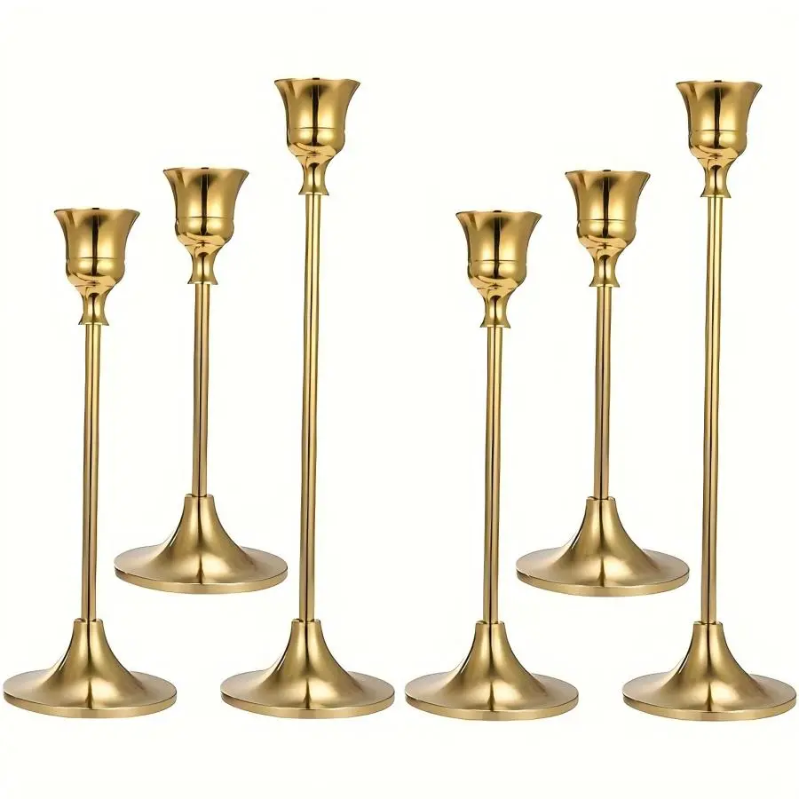 6-Piece Modern Golden Metal Pedestal Candle Holders - Decorative Tabletop Accents for Home Living Room, Bedroom Interior Decoration, Gold Candlestick Holders