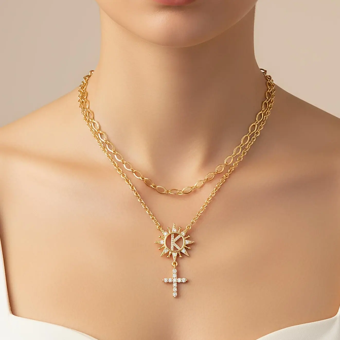 MEIITRUE 14K Gold Plated Sun & Cross Initial Necklace for Women Hypoallergenic Layered Set with 5A CZ Stones Perfect Jewelry Gift backtoschool