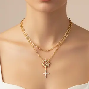 MEIITRUE 14K Gold Plated Sun & Cross Initial Necklace for Women Hypoallergenic Layered Set with 5A CZ Stones Perfect Jewelry Gift