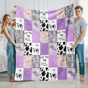 Soft Plush Flannel Blanket, Cow Pattern Patchwork Design, Comfortable Rectangle Polyester Throw, Cute Bed Cover for Various Scenarios, Slogan Print Blanket
