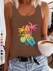 Women's Letter & Tropical Palm Tree Print Round Neck Tank Top, Casual Sleeveless Top for All Seasons, Ladies Clothes for Daily Wear, Socks