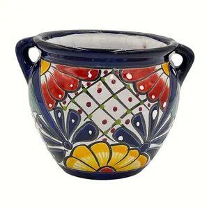 Michoacano Mexican Talavera Garden Pot - Dark Blue Trim