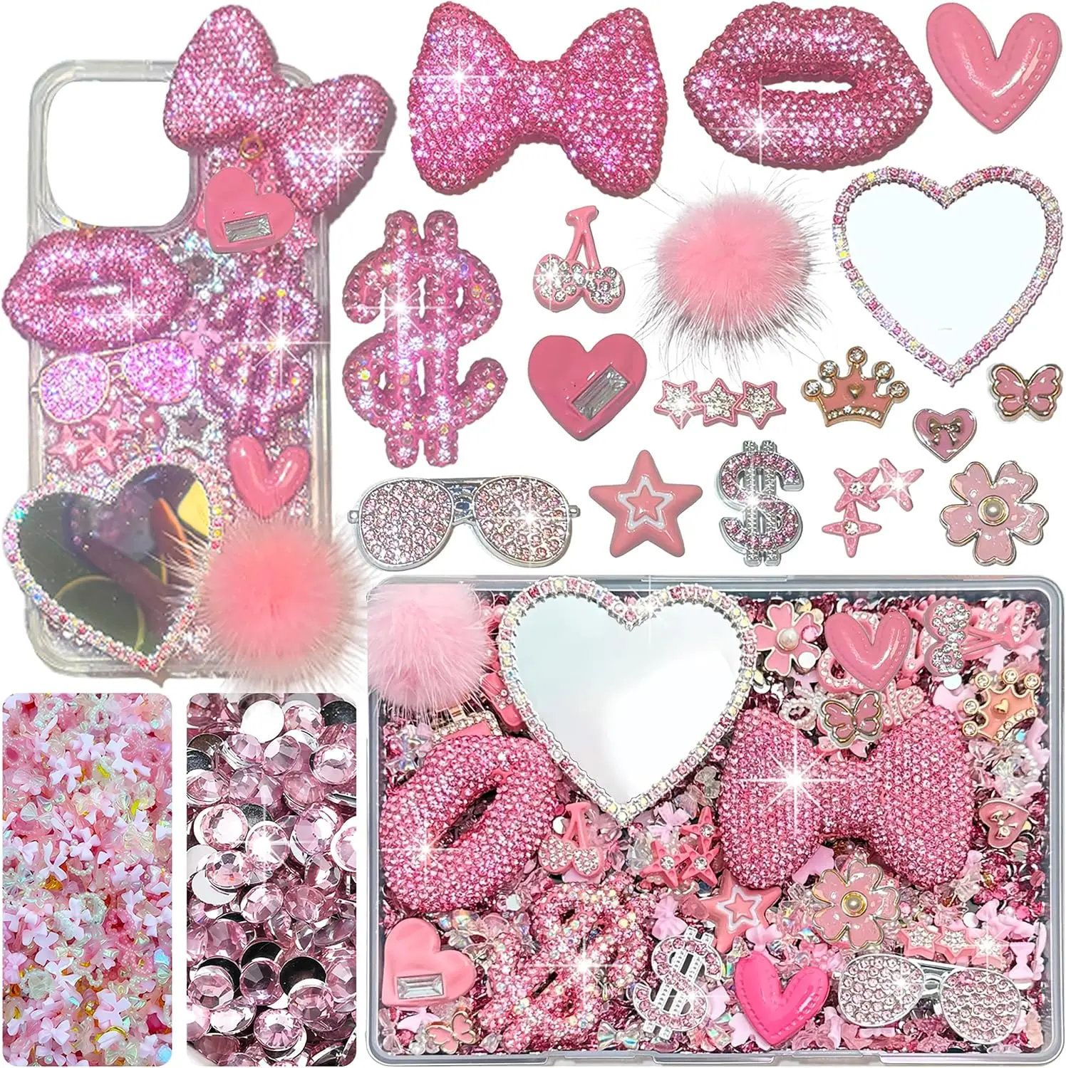 Pink Junk Case Charms Kit, Junks Phone Cases with Rhinestone Accessories and Full Diamond Bow Lips Dollar Sign Pom Resin Kits Mirror with DIY Phones Decorations