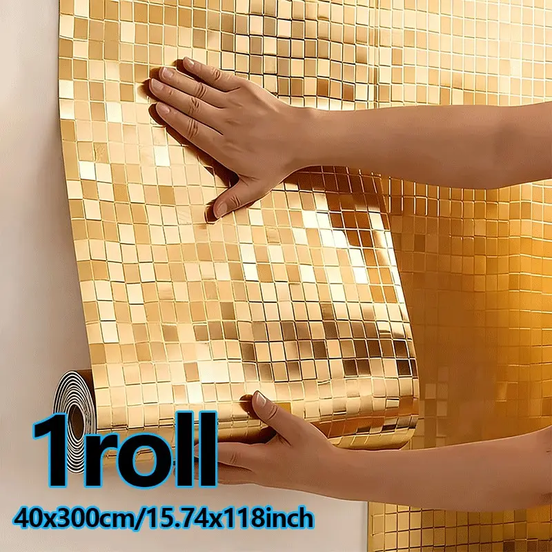 Modern 3D Gold Wallpaper, Self-Adhesive Luxury Wall Paper, DIY Cuttable Thick Wallpaper, Metallic Mosaic Background, High-End 3D Gold Tile Effect, Bathroom Peel And Stick Wallpaper