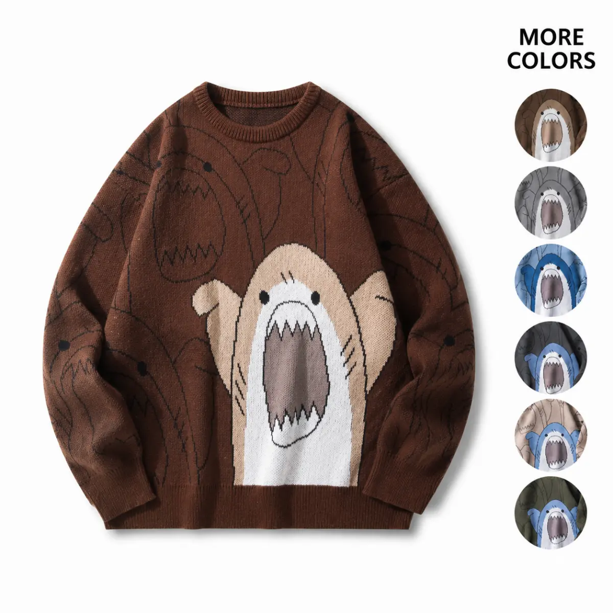 Women's Cute Shark Graphic Crewneck Pullover Sweater. Oversized Slouchy Knitwear for Fall Winter Layering. Trendy Y2K Aesthetic School Outfit. Versatile Cozy Top for Casual Everyday Wear, Lounging, or Under Outerwear.
