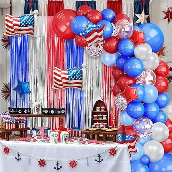 115pcs Red White and Blue Balloon Arch Kit with Patriotic Theme Foil Fringe Curtain 4Th Of July Decorations Memorial Day Independence Day Graduation Nautical Baseball Party Decorations