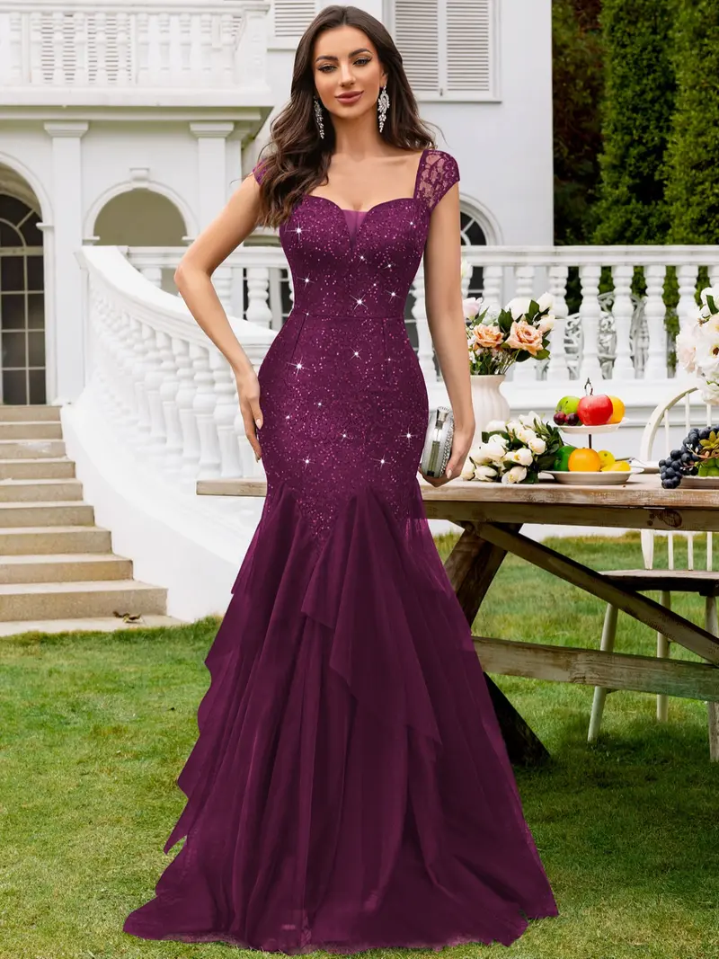knee length dresses for ladies Blondie Nites Women's Tiered Sequin Lace Ballgown, Navy Blue, 13 main image 1