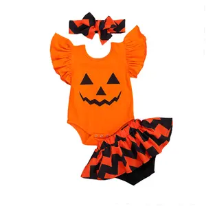 Newborn Baby Girl Halloween Outfit Ruffle Sleeve Pumpkin Face/Letter Romper/Tops Striped/Candy Print Shorts Headband 3 Piece Frist Fall Clothes