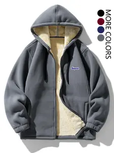 Men's Plain/Letter Print Zip Up Stand Collar/Hooded Fleece Jacket, Casual Long Sleeve Thermal Lined Outerwear for Fall & Winter, Men's Clothes for Daily Wear