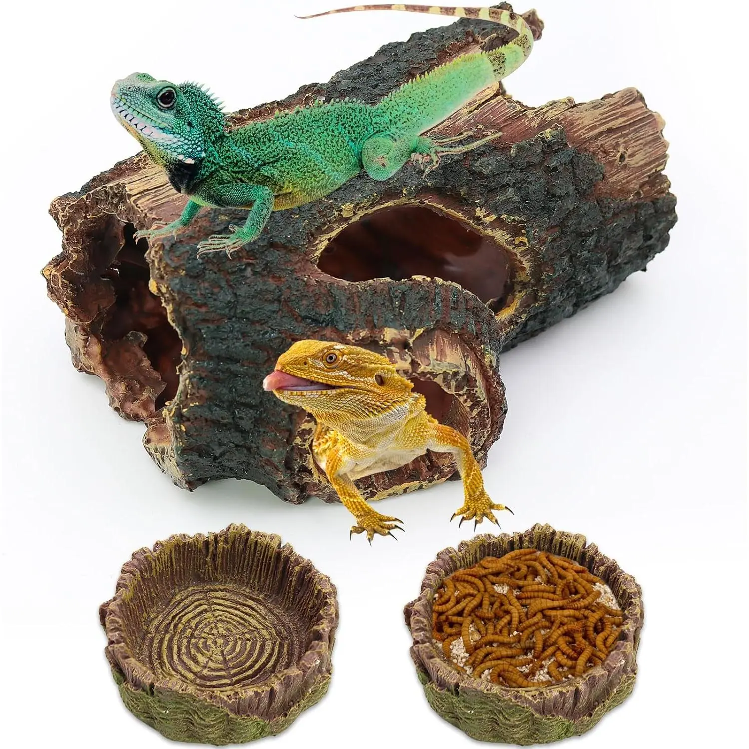3-Count Modern Synthetic Reptile Caves - Small Durable Hollow Tree Trunk Hideout, Bearded Dragon Water Bowls, Pet Supplies for Lizards Geckos, Fish Tank Decor