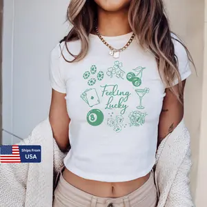 [Sale Up To 50%] Feeling Lucky Baby Tee, St Patricks Day Baby Tee, St Patty's Day Shirt, Y2K Trendy 90's Baby Tee, 2000s Baby Tee, Lucky 7 Shirt Coquette Tee