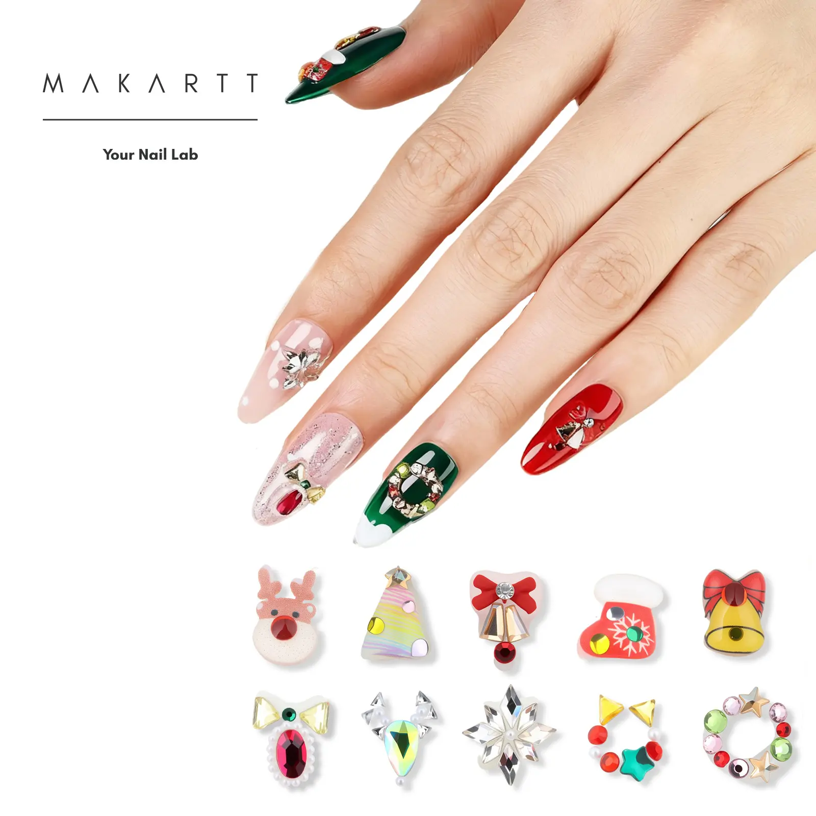 Makartt Pre-Made Nail Art Charms Kit: 4 Styles (2 Classic & 2 Christmas) with 30g Strong Glue.The Ultimate Solution for Nail Techs,DIY Lovers,Busy Women & Beginners.Achieve Salon-Quality Nails for Parties, Holidays & Daily Use. Perfect Christmas Gift Idea