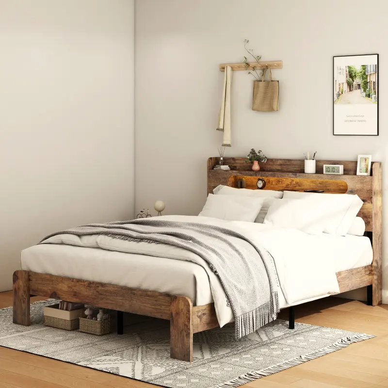 Full Size Rustic Farmhouse Wood Platform Bed Frame with Adjustable LED Headboard, Charging Station, LED Lighting & Sturdy Framework, Easy Assembly for Bedroom (Dark Brown)