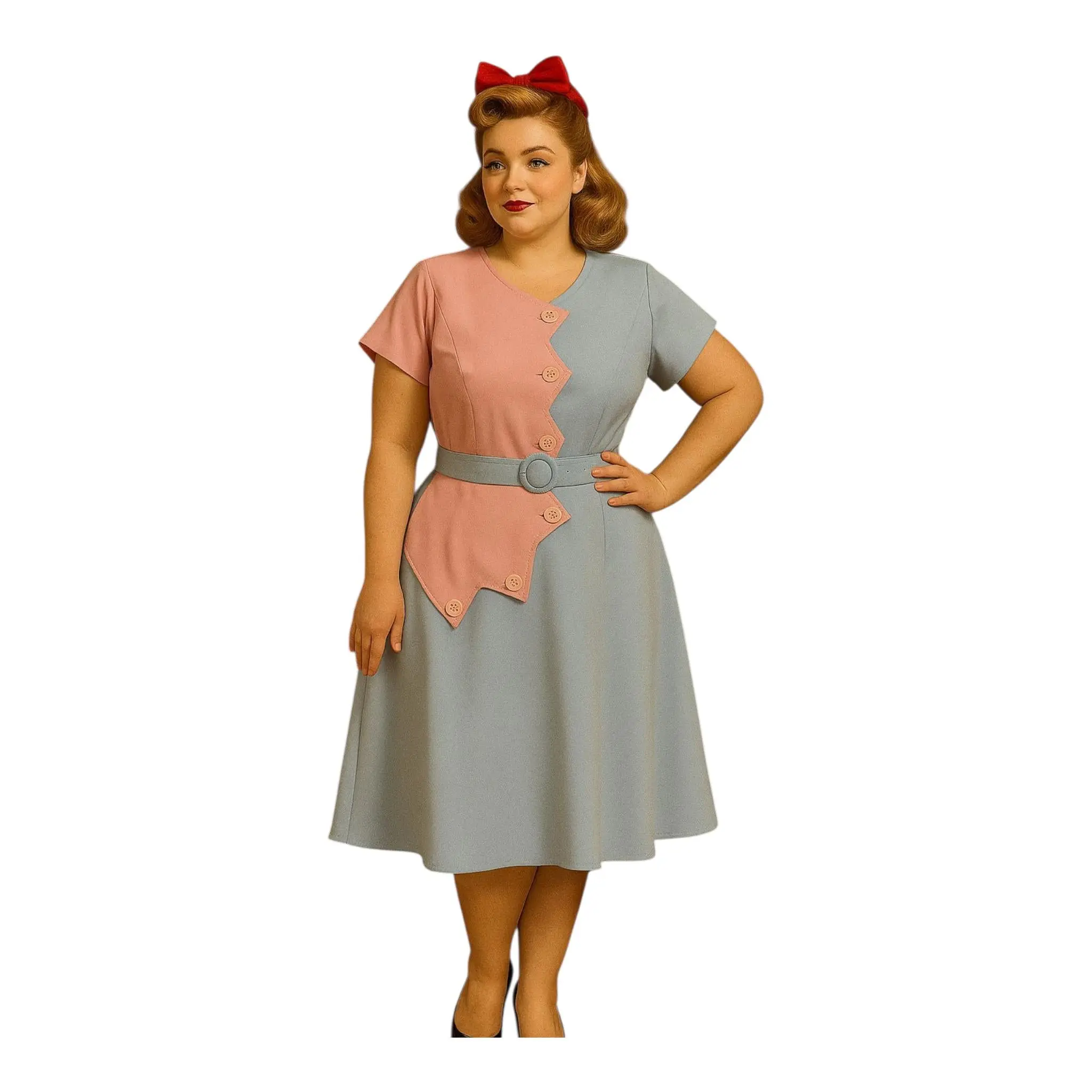 Women's Casual 1940s Vintage-Inspired Sawtooth Color Block A-Line Gabardine Dress, with Matching Belt and Hidden Side Zipper, Day, Shortsleeve, Skirt, Raglan, Hidden Zip, Cinch Belt, 2X, Belted