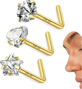3 count 14K  Filled Nose Studs 20G Stainless Steel Stud Nose Ring 2mm/2.5mm/3mm Round CZ L Bend Nose Stud  Nose Piercing