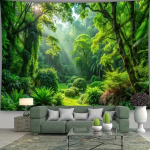 Peaceful Natural Forest Backdrop Green Landscape Backdrop Calm Nature Background Cloth Scenic Tapestry Wall Hanging Photography Background Polyester Fiber Living Room Bedroom Party Event Studio Decor Studio Prop Wall