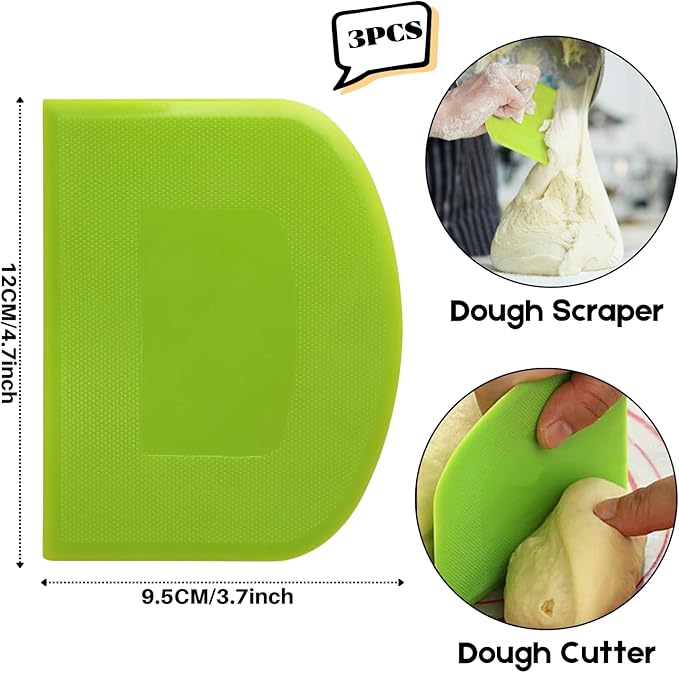 Dough Scraper Bench Scraper - 3P 4.7x3.7" Plastic Flexible Bowl Scraper, Sharp Edge & Angles Cake Scraper. Non-Slip Bakeware Decorating Tools Sculpting & Modeling Tools - Green+White+Green