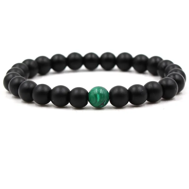 Classic Black Matte Green Malachite Bracelets Unisex Trendy Round Beads 8cm Strand Jewelry Gift for Friends & Lovers