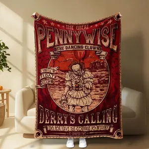 Pennywise Horror Flannel Blanket, Vintage Clown Movie Throw, Gothic Halloween Plush Blanket, Soft Cozy Horror Fan Gift
