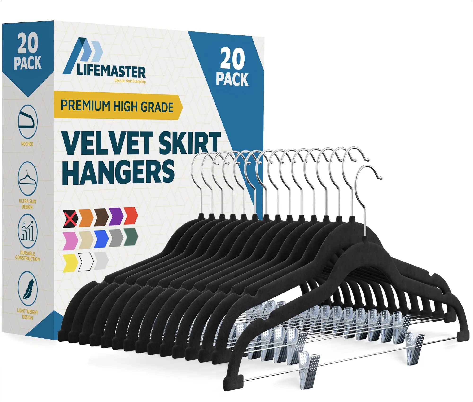 Lifemaster Velvet Skirt Hangers – with Adjustable Clips, 360 Degree Swivel Hook, and Non-Slip Shoulder Notch, Holds Up to 10 lbs, for Organizing Skirt, Pants, Dress, and Clothes, Pack of 20