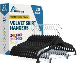 Lifemaster Velvet Skirt Hangers – with Adjustable Clips, 360 Degree Swivel Hook, and Non-Slip Shoulder Notch, Holds Up to 10 lbs, for Organizing Skirt, Pants, Dress, and Clothes, Pack of 20