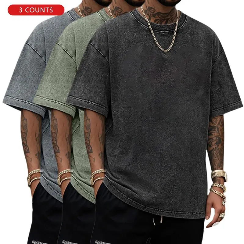 Men's 3-Piece Plain Short-Sleeve T-Shirt Set - American Retro Washed, Loose Cotton, Round Neck, Casual Comfy Streetwear Daily Menswear Top (Multi-Color)