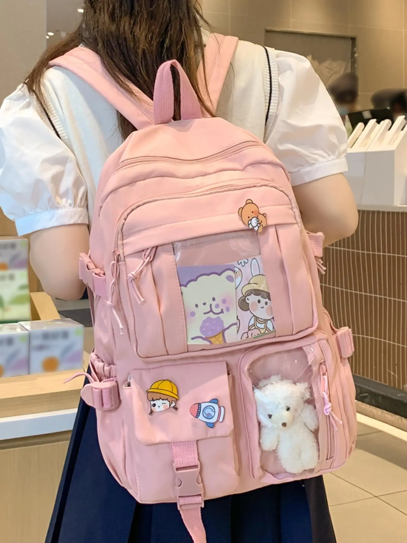 Cute Cartoon Bear Decorated Backpack, Large Capacity School Bag, Casual Versatile Backpack for Women & Girls, Perfect for Student for Daily Use