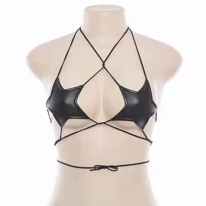 Women's Star Shape Bralette in Reflective Silver Faux Leather, Sexy Strappy Halter Bustier Crop Top for Nightclub Party Wear, Lady