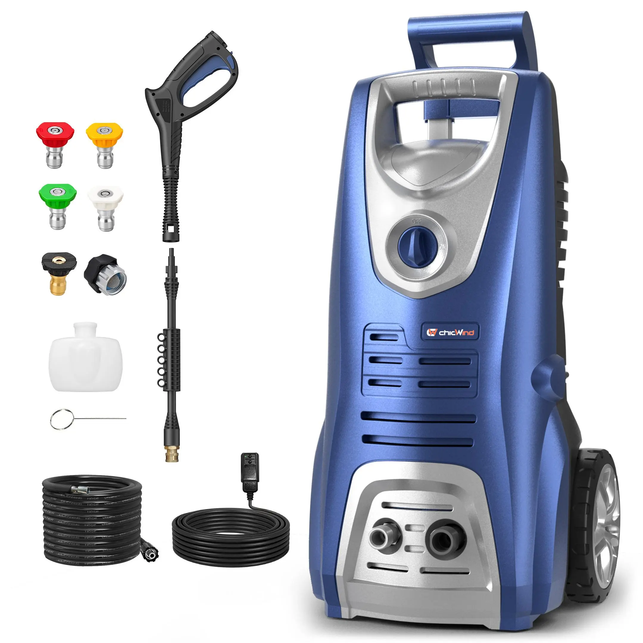 ChicWind High Power 1600W Compact Electric Pressure Washer - 1950 PSI, 1.55 GPM, 5 Nozzles, Foam Cannon, 16-ft Telescopic Tool with Extended Cleaning Range, Effortless Mobility, 24/7 Customer Support for Cars, Decks