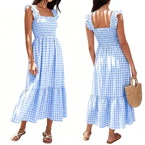 Women Gingham Midi Dress Ruffle Square Neck Sleeveless Smocked Flowy Tiered Sundress Summer Beach Casual Long Dress