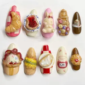 S171 Bakery Picnic Press-On Nails, 3D Bread & Pastries, Jam Jar, Bunny & Breakfast Treats, Custom Handmade, Solana Nails Town