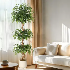 6/5 ft Artificial Ficus Tree with Curved Trunk, Lifelike Fake Ficus Tree with White Planter Pot, Realistic Silk Faux Plant Indoor Decorative Artificial Tree for Home, Office & Living Room