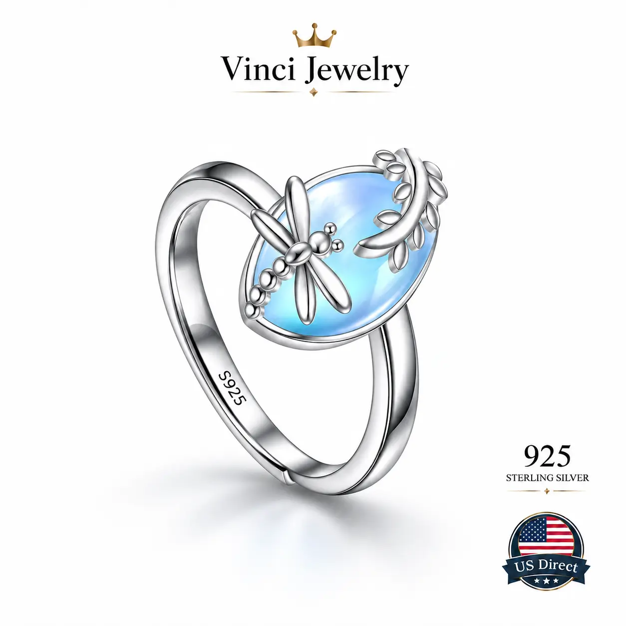 925 sterling silver moonstone dragonfly ring whimsical nature inspired statement jewelry with ethereal blue glow botanical vine details for fairycore cottagecore romantic outfits everyday wear date nights birthdays gifts for women girls and nature lovers