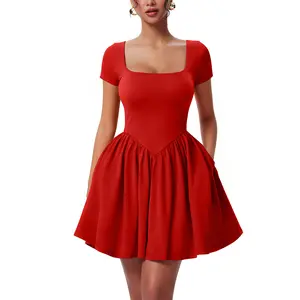 OYS Women's Casual Short Sleeve Square Neck A-line Flowy Hem Party Dress With Pockets