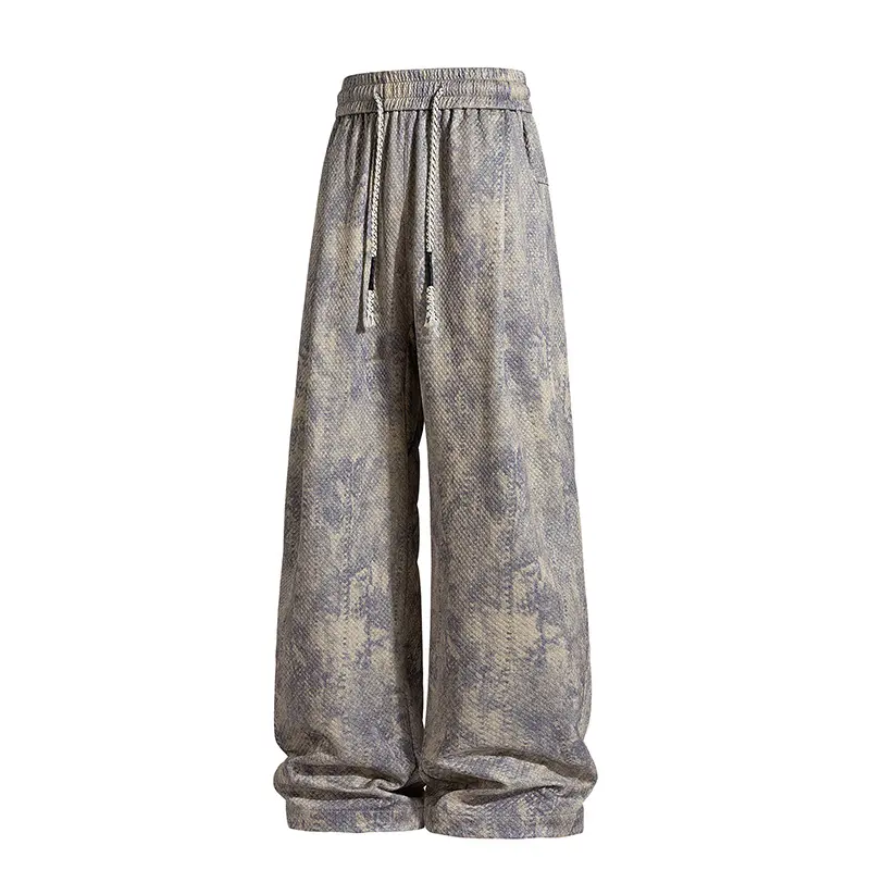 Men's Tie-Dye Snake-Print Drapey Long Pants with a Casual Baggy Straight-Leg Fit and Elastic Drawstring Waist
