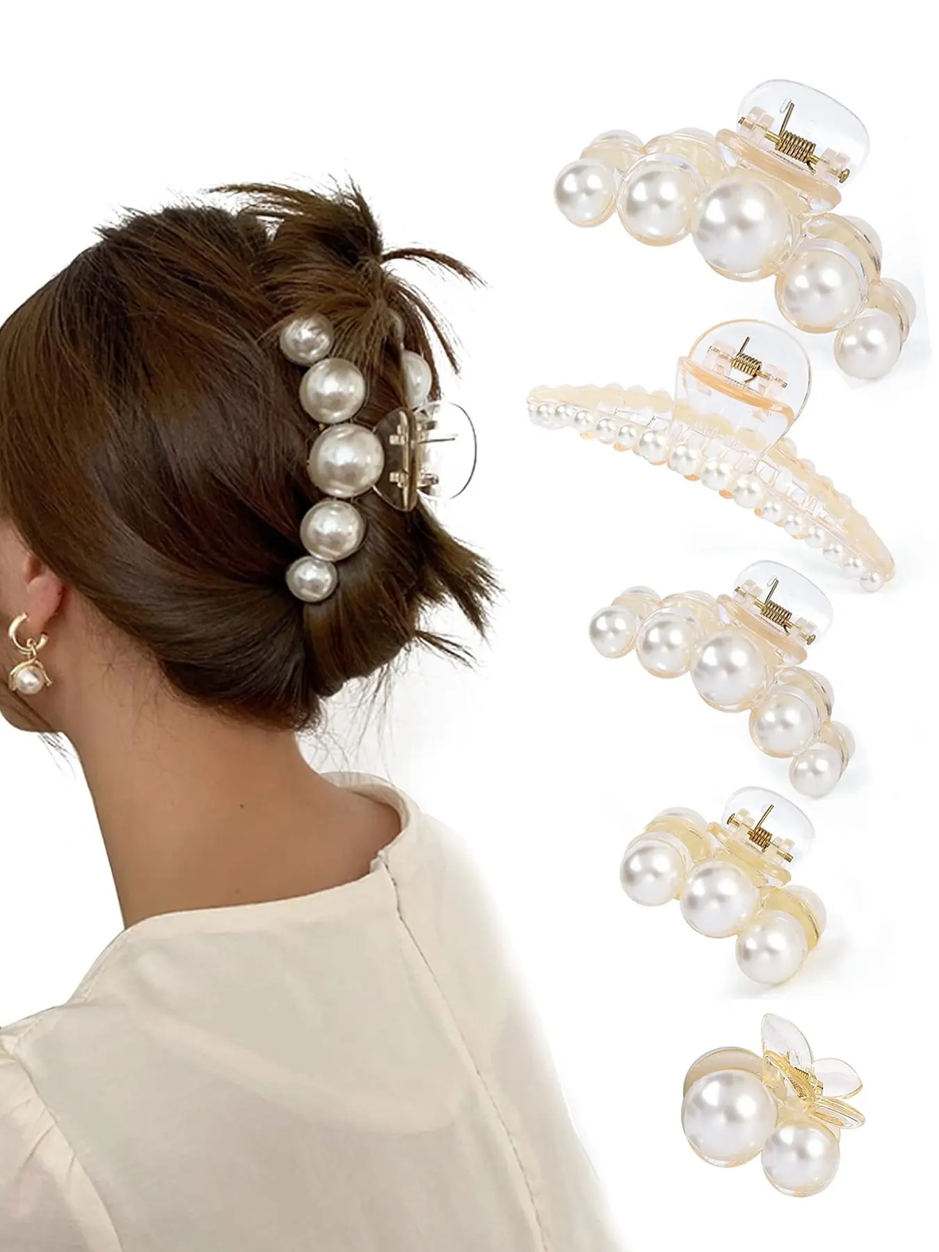 5 PCS Large Pearl Hair Claw Clips for Women Girls, Hair Barrette Clamps for Thick Thin Hair, Fashion Hair Accessories Headwear Styling Tools Hair Decor for Party Wedding, Hair Clip Set, Claw Clip Pack